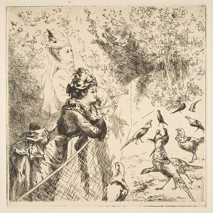 Félix Bracquemond au jardin d'acclimatation pê son épouse et sa belle-soeur Louise gravure